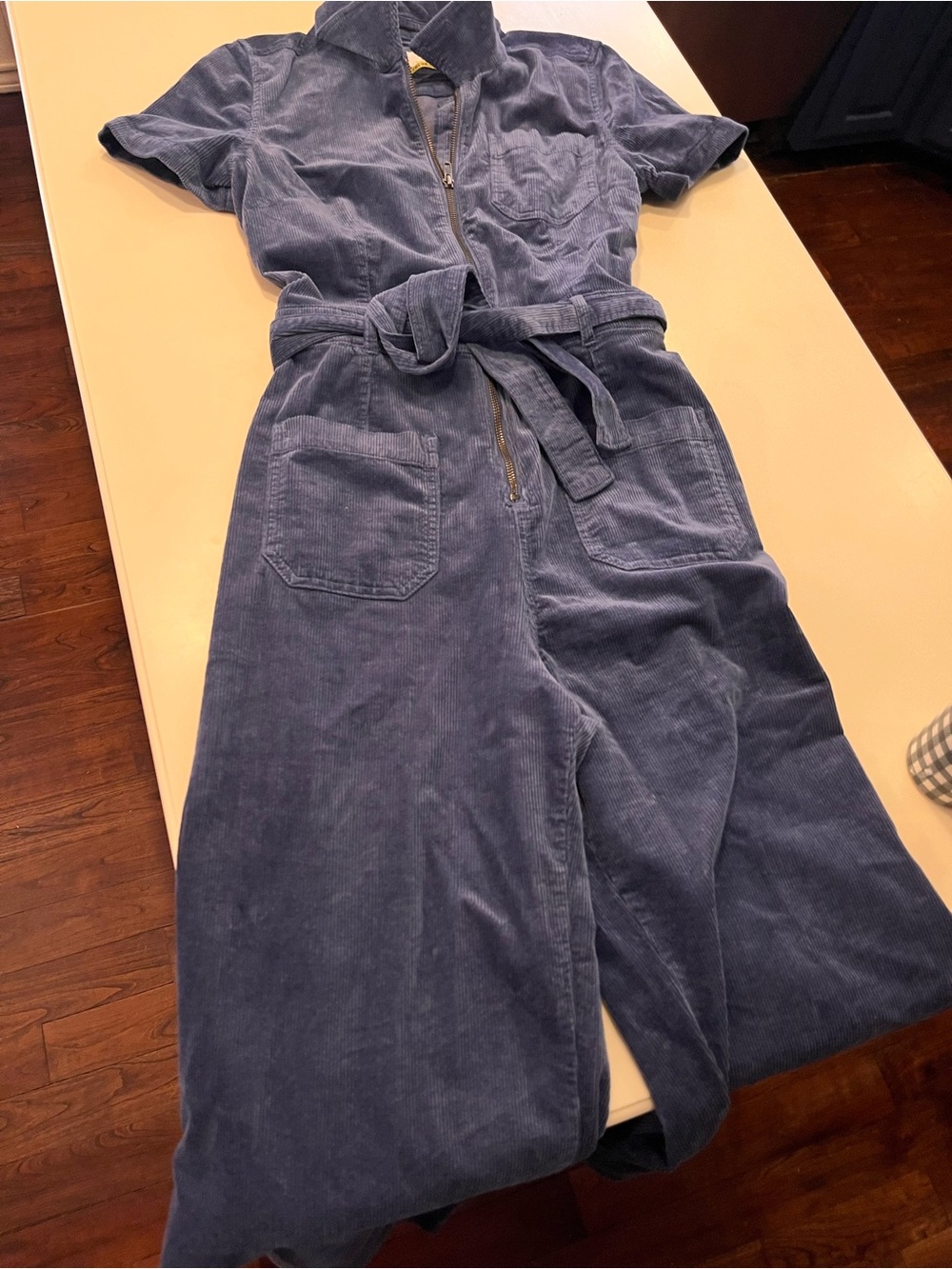 Anthropologie Indigo Corduroy Short-Sleeve Jumpsuit with Tie Belt